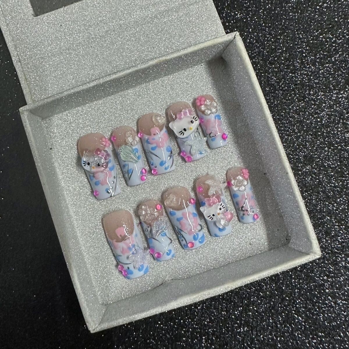 Hello kitty French Flower Handmade Artisan Press On Nails