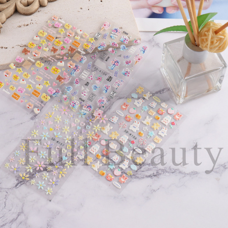 5D Embossed Star Heart Flower Bunny Cat Daisy Fingers Toe Nail Art Stickers NS25