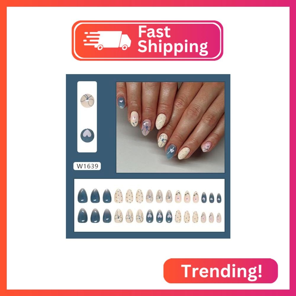 30Pcs Wave Point Press On Nails: Short Almond Shape Bow Fake Nails With Heart Ac