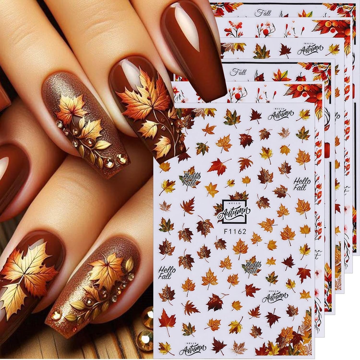 Fall Nail Stickers Maple Leaf Nail Decals 6PCS 3D Self-Adhesive Leaves Deer N…