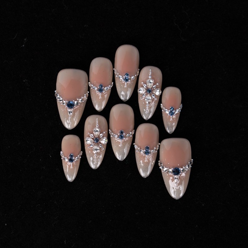 10pcs Pink Nude Sapphire Bridal Nails Rhinestone Wedding