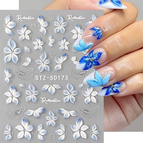 3 Sheets Summer Flowers Nail Stickers 5D Embossed Self Adhesive Blue Style01