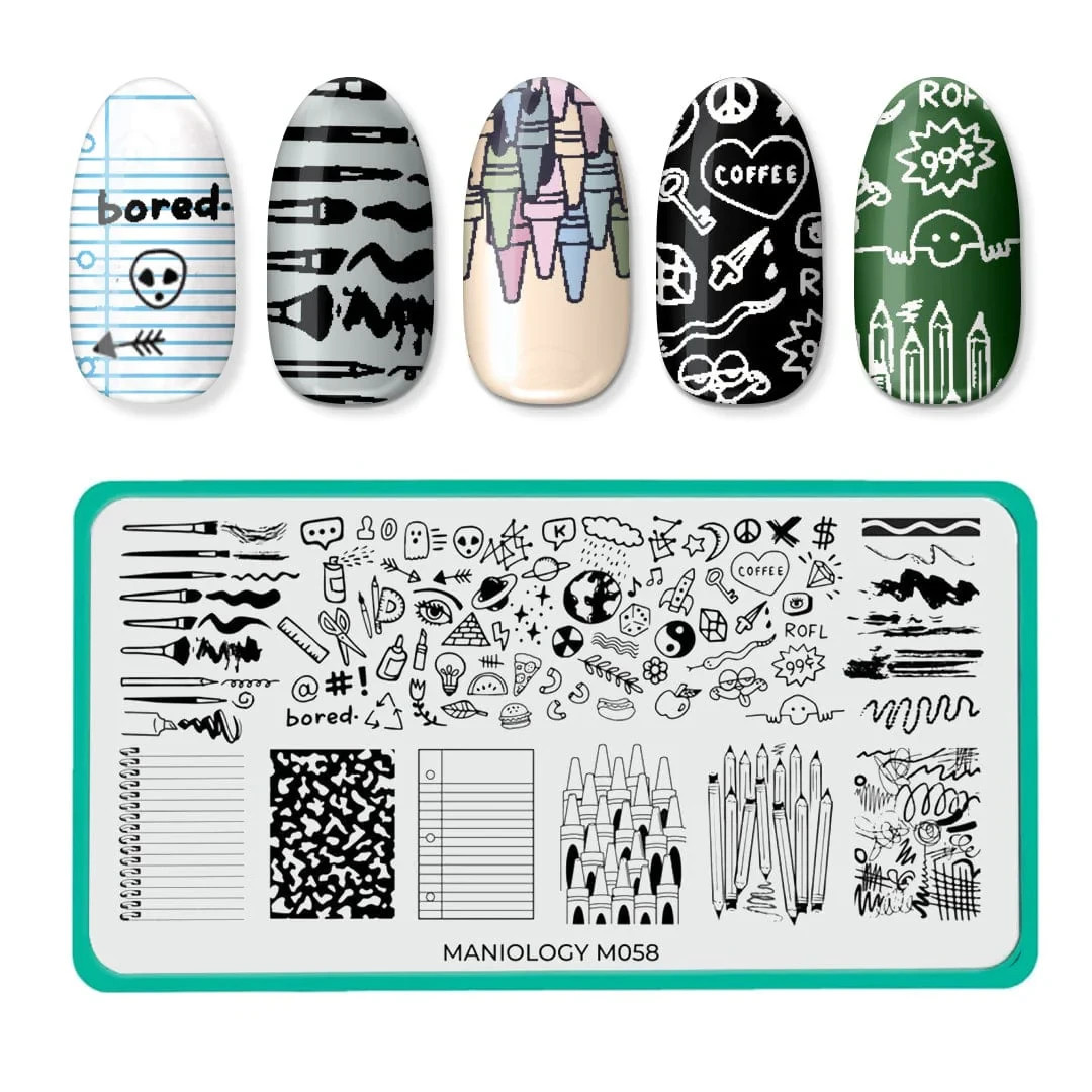 Maniology M058 Nail Stamping Plate – Back to School: Notetaker, Teacher