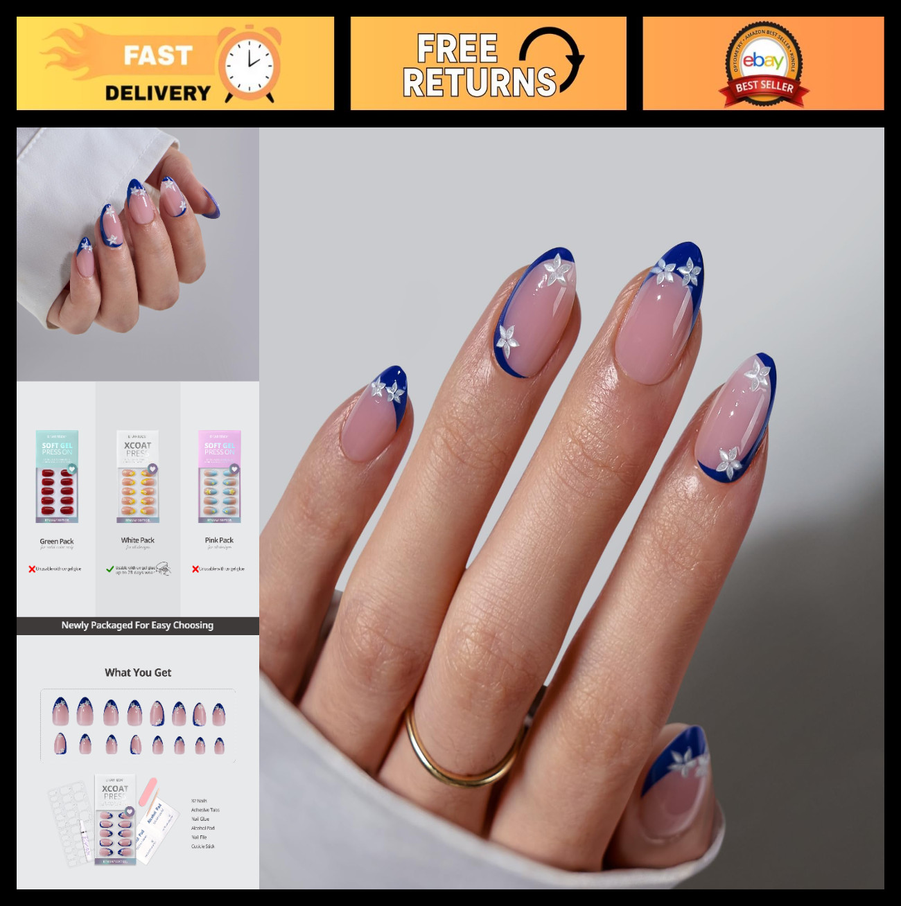 Press On Nails Blue Blossom Short Almond French Tips 32Ct | Salon-Quality Easy A