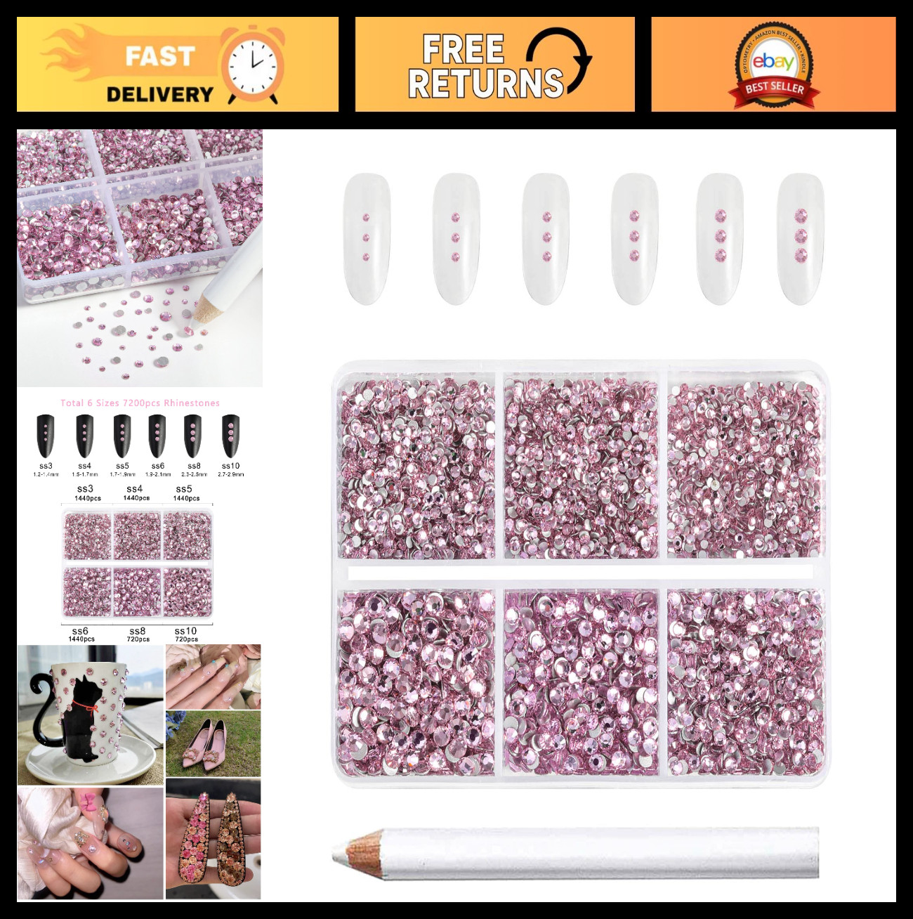 Flatback Rhinestones 7200pcs Light Pink Mixed Sizes | Glass Nail Gems & Wax Penc
