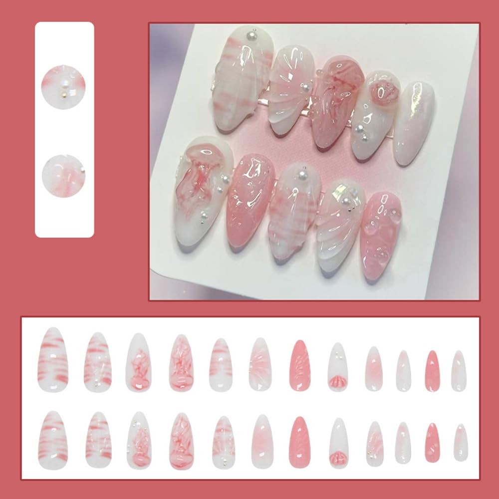24 Pcs Summer Press on Nails Short Almond, Fake Nails Press ons Acrylic Nail …