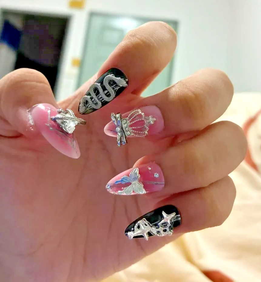 Ready-made artificial nails, gel nails, handmade, durable Pink and black 1 set