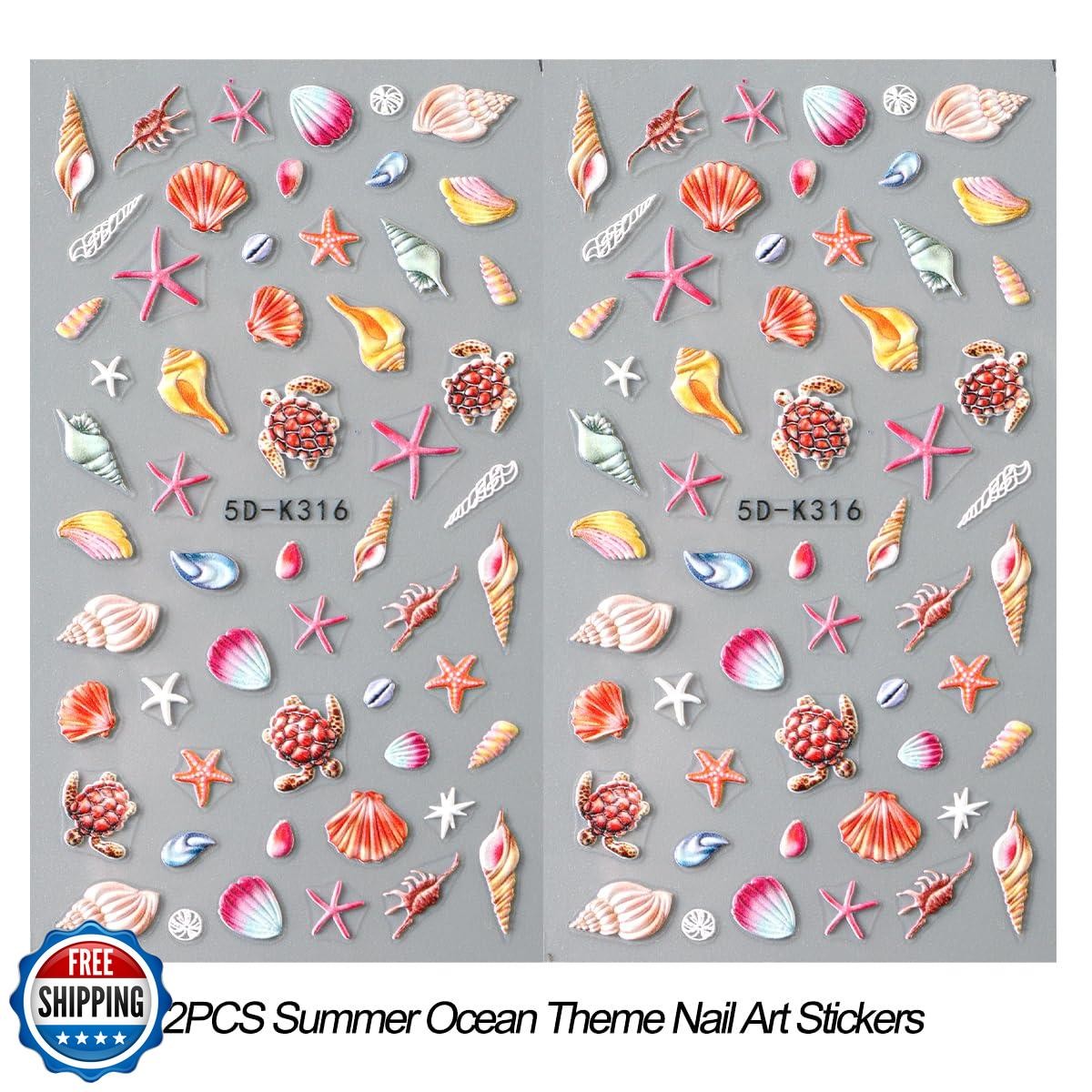2pcs Summer Nail Stickers Starfish Seashell Turtle 5D Acrylic Engraved Nail D