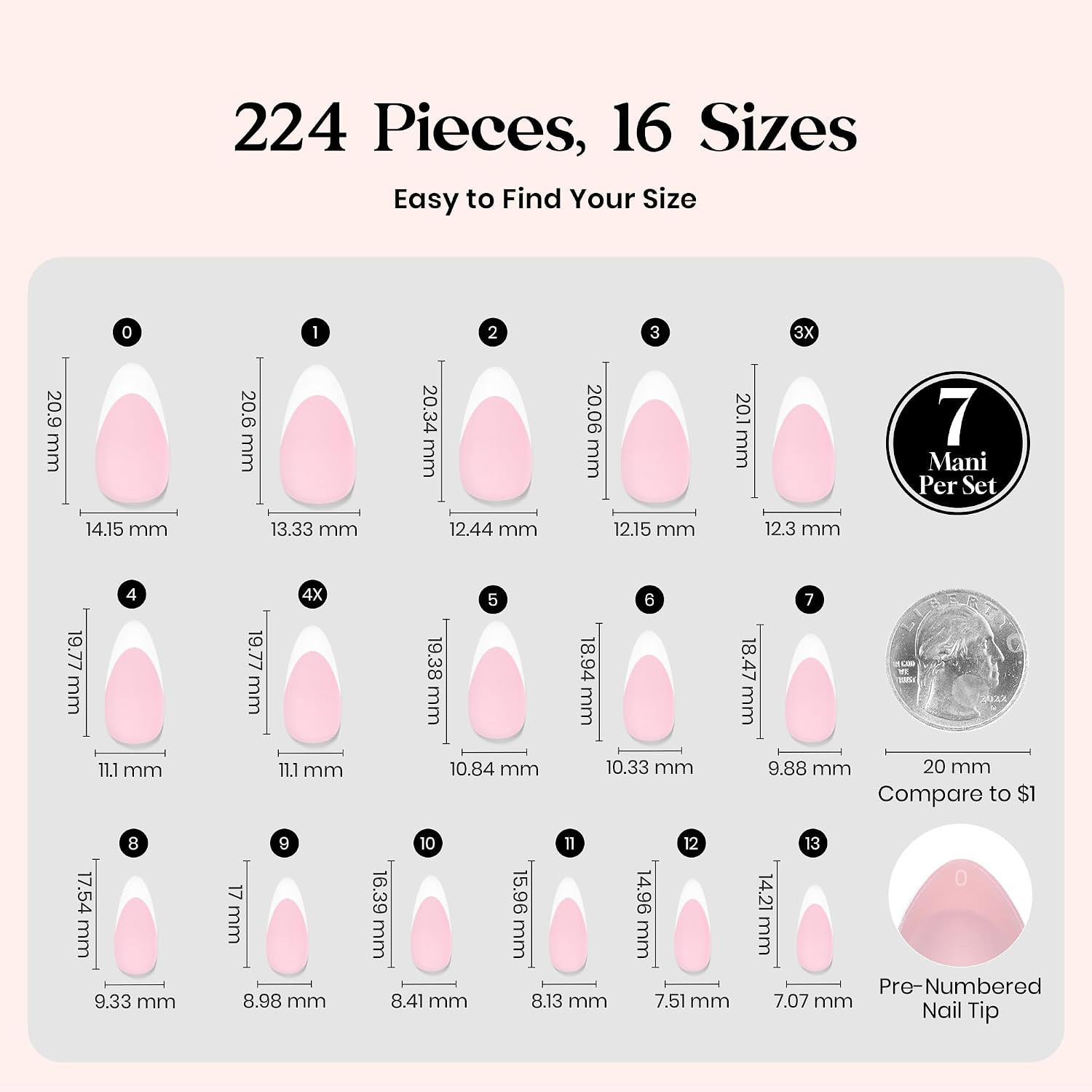 Beetles French Tips Press on Nails: 224 Pcs Pink Short Almond Press on Nails, Re