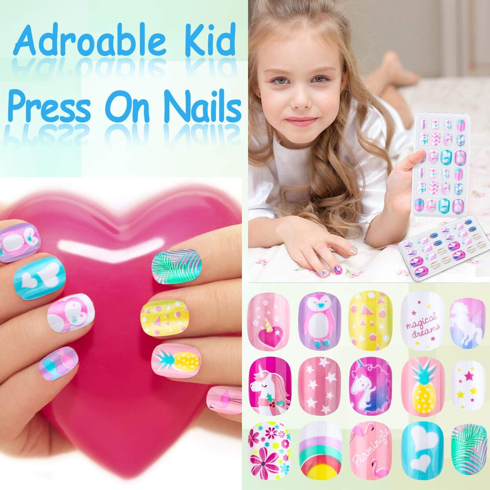144Pcs False Press On Nails for Kids Self-Adhesive Fake Full Cover Nail Tips