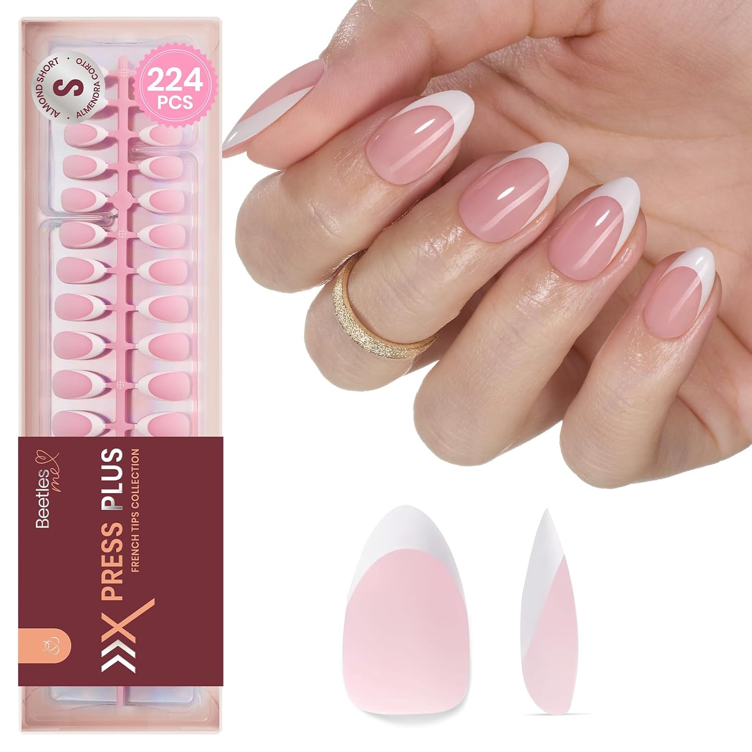 Beetles French Tips Press on Nails: 224 Pcs Pink Short Almond Press on Nails, Re