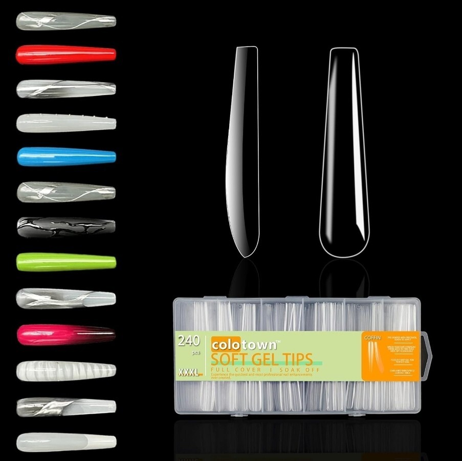 Colotown Extra Long Soft Gel Nail Tips, 240 Pcs 2.2 Inch Full Cover 3XL Coffin