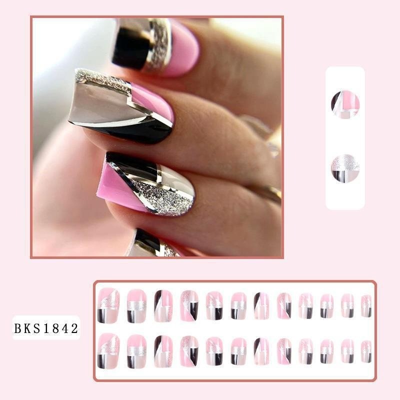 48Pcs-Short Square Press on Nails Pink Black Silver Glitter Geometric Fake Nails