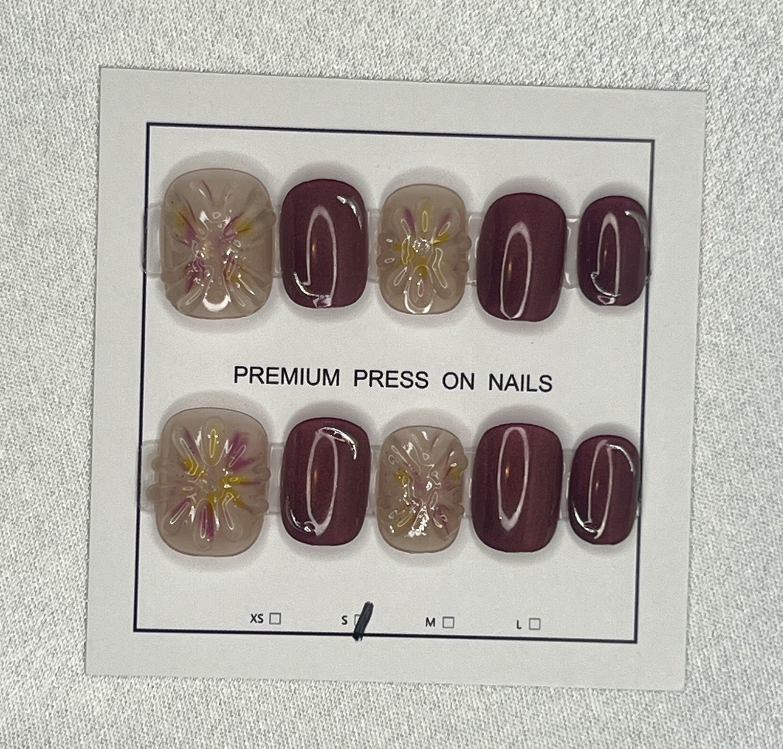 Burgundy Nude Yellow Pink 3D Square Flower Press-On Nails, Full Cover, size S