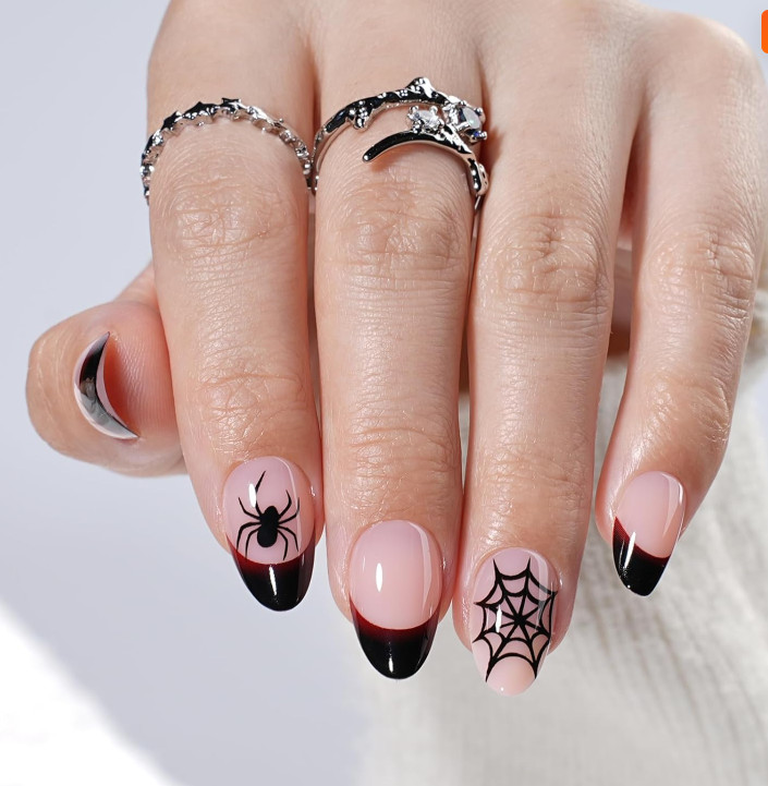 Halloween Press On Nails Short Almond Black French Spider Webb Nails32PCS w/Glue