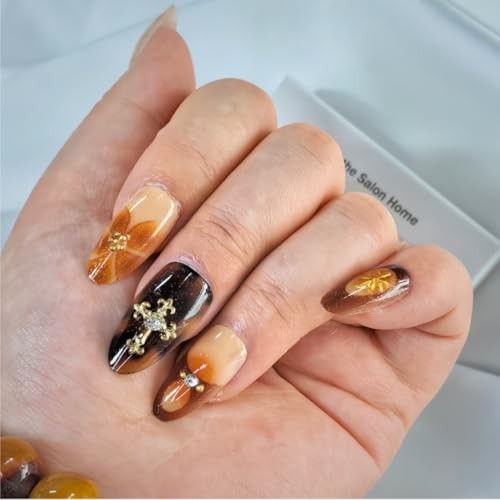 Tortoiseshell Press On Nails Long Coffin Brown Nude Amber Stardust Gothic