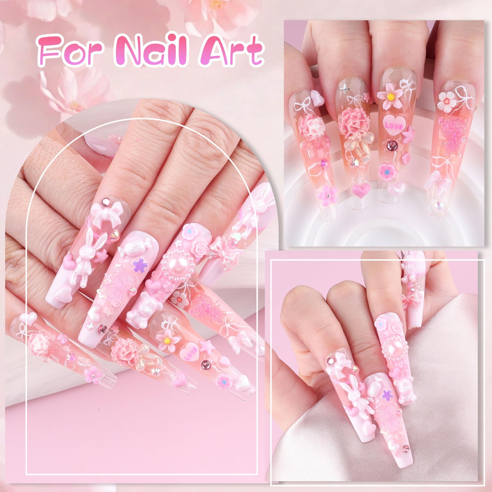 260Pcs 3D Assorted Pearls Nail Charms Acrylic Multi Shapes Heart Flower