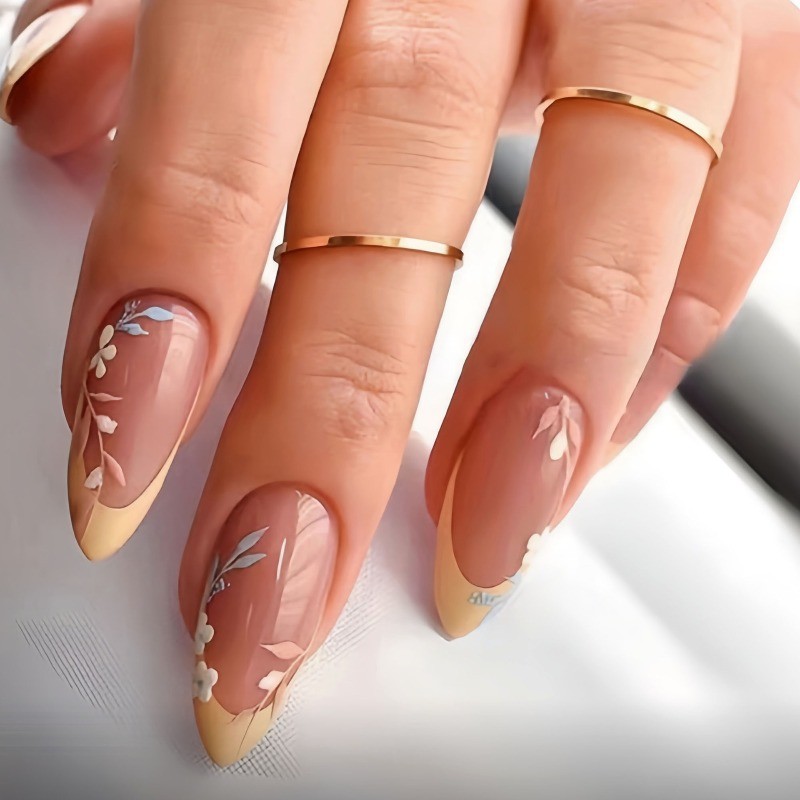 48pcs-Nude Almond Press on Nails, Yellow French Tip with Painted Flower & Leaves