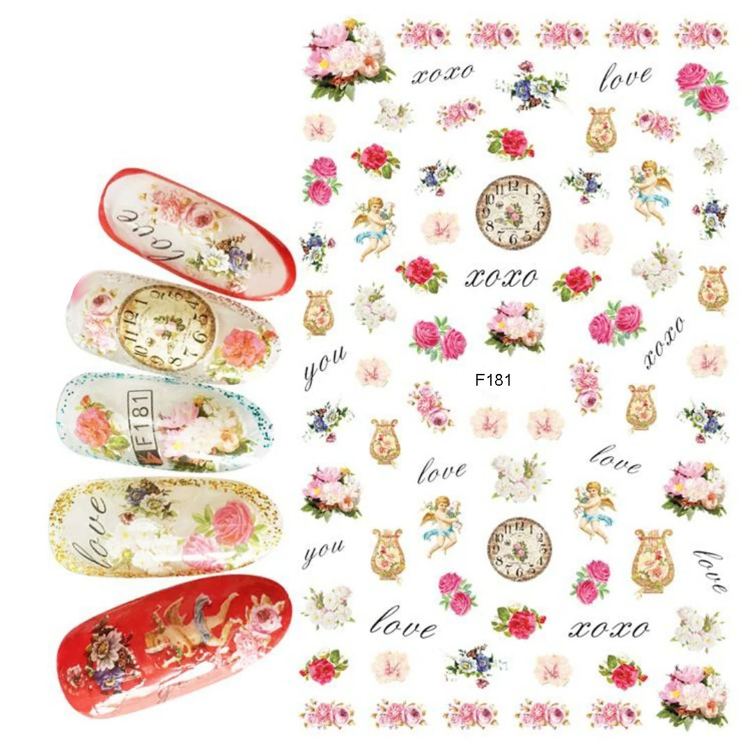 Nail Art 3D Decal Stickers heart love XoXo cupid clock F181