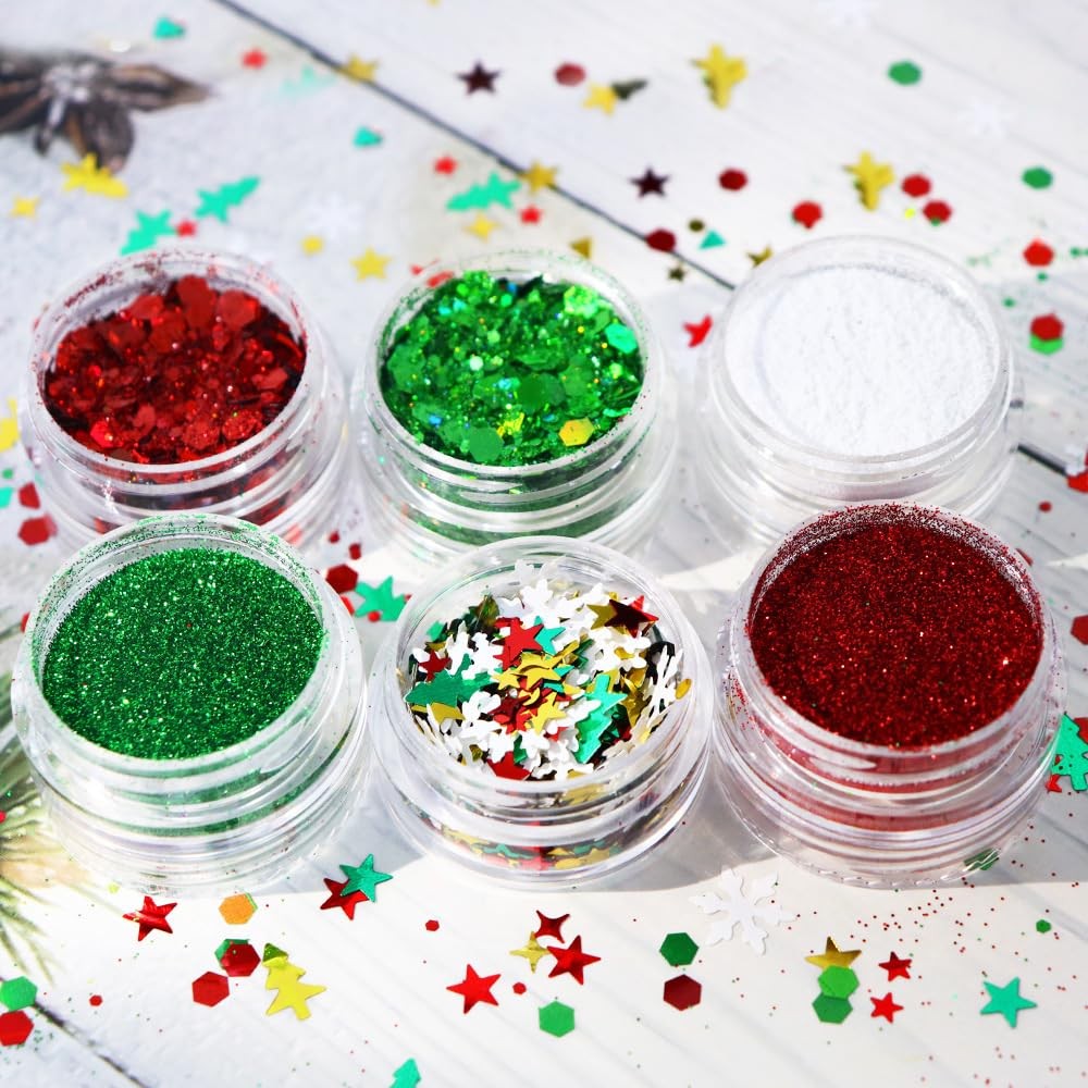 LPOODDNU Winter Nail Art Decorations: Flakes 3D christmas red green glitters
