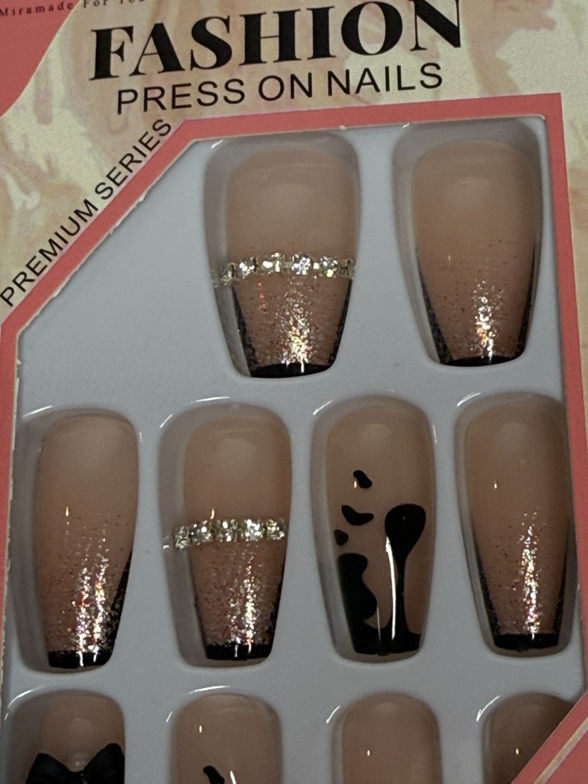 Press On Nails Nude Glitter French Tip Embellished Rhinestone Coffin 12pc