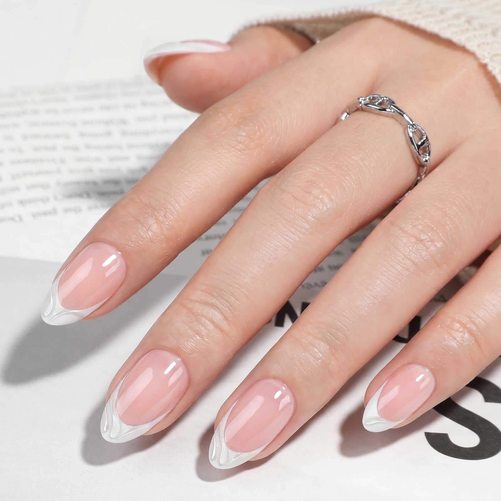 UNA GELLA Press on Nails French Tips, 32Pcs 16 Sizes 3D Nude Pink Almond Soft…