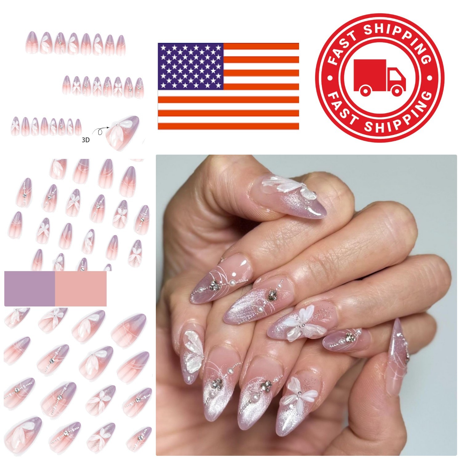 Full Cover Almond Press On Nails Purple with Easy Application and Reusable Glue