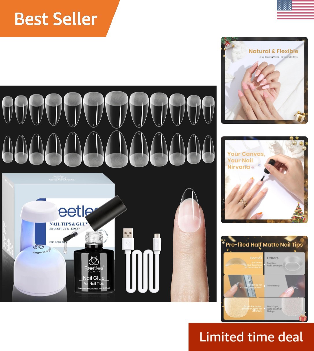 Beetles Gel Nail Kit Etch-X, Almond Short, 504pcs 12 Sizes Nail tips, with 9 …