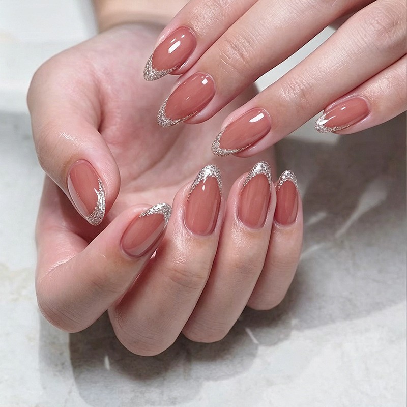 48 Pcs Silver Glitter French Press on Nails, Oval Nude Elegant Glossy Fake Nails