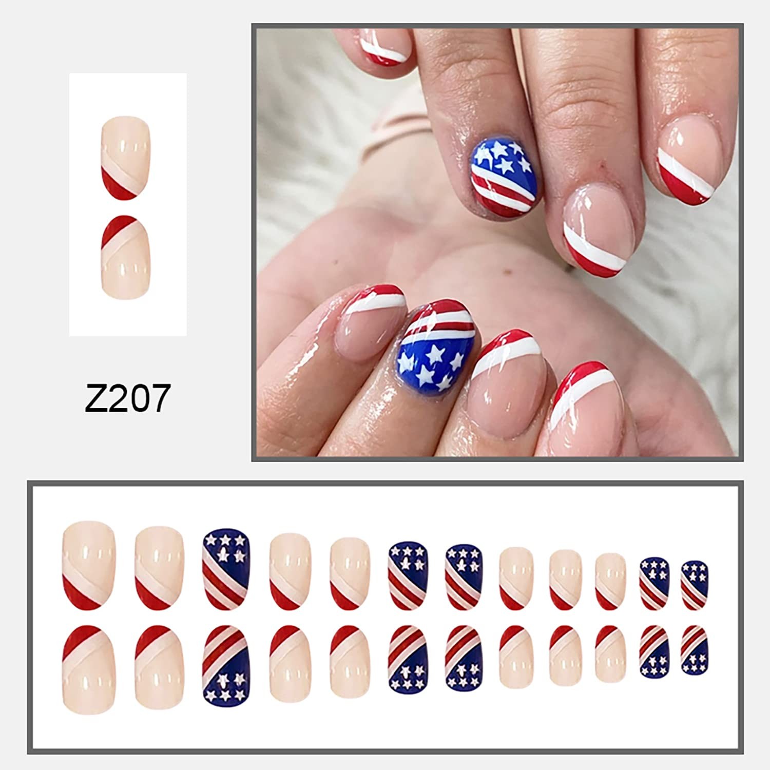 Press On Nails Short for Independence Day, Round Shape Full Cover Reusable Fa…