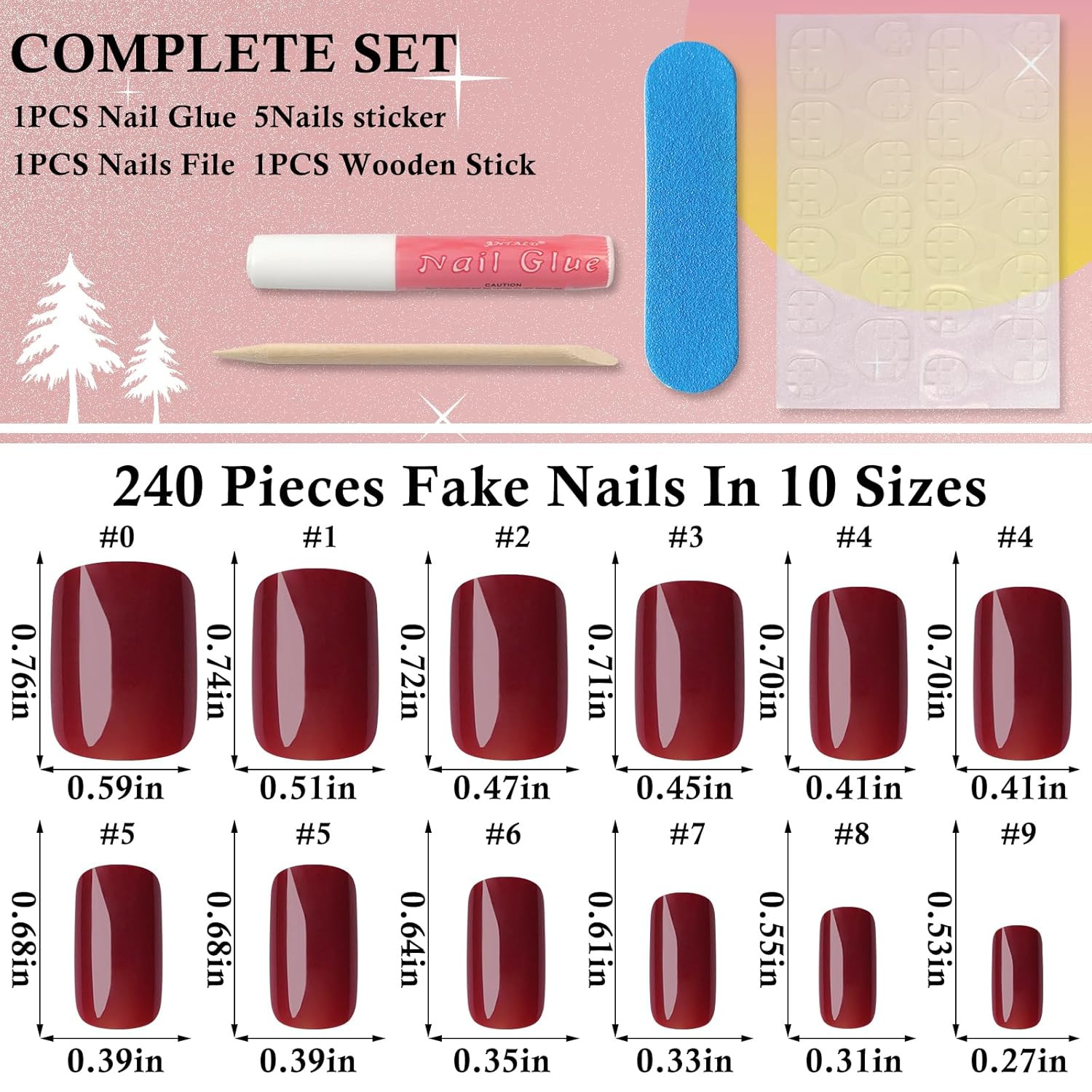 240pc Deep Red Press on Nails Short Fake Nails Square Presson Nail Tips, Glue on
