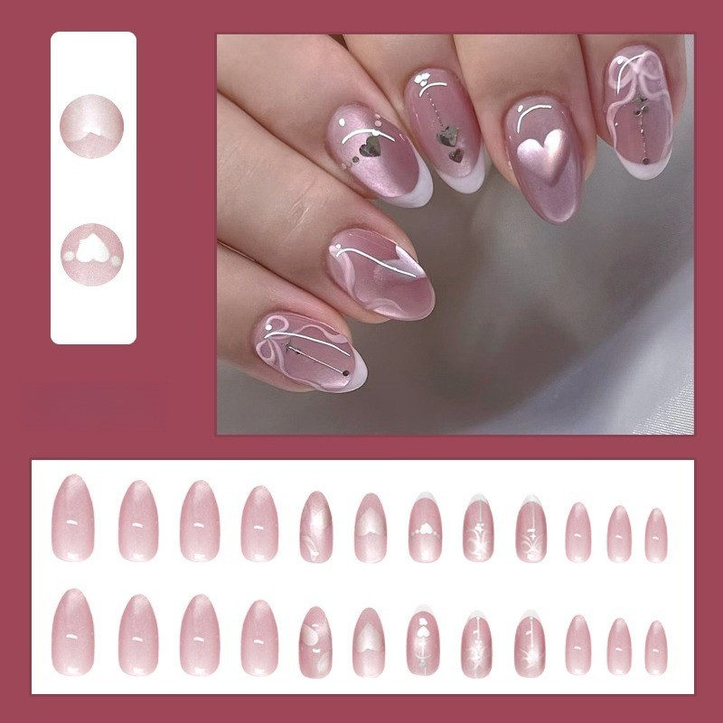 72Pcs-Pink Chrome Heart Bow French Almond Press on Nails Silver Sequins Fake Tip