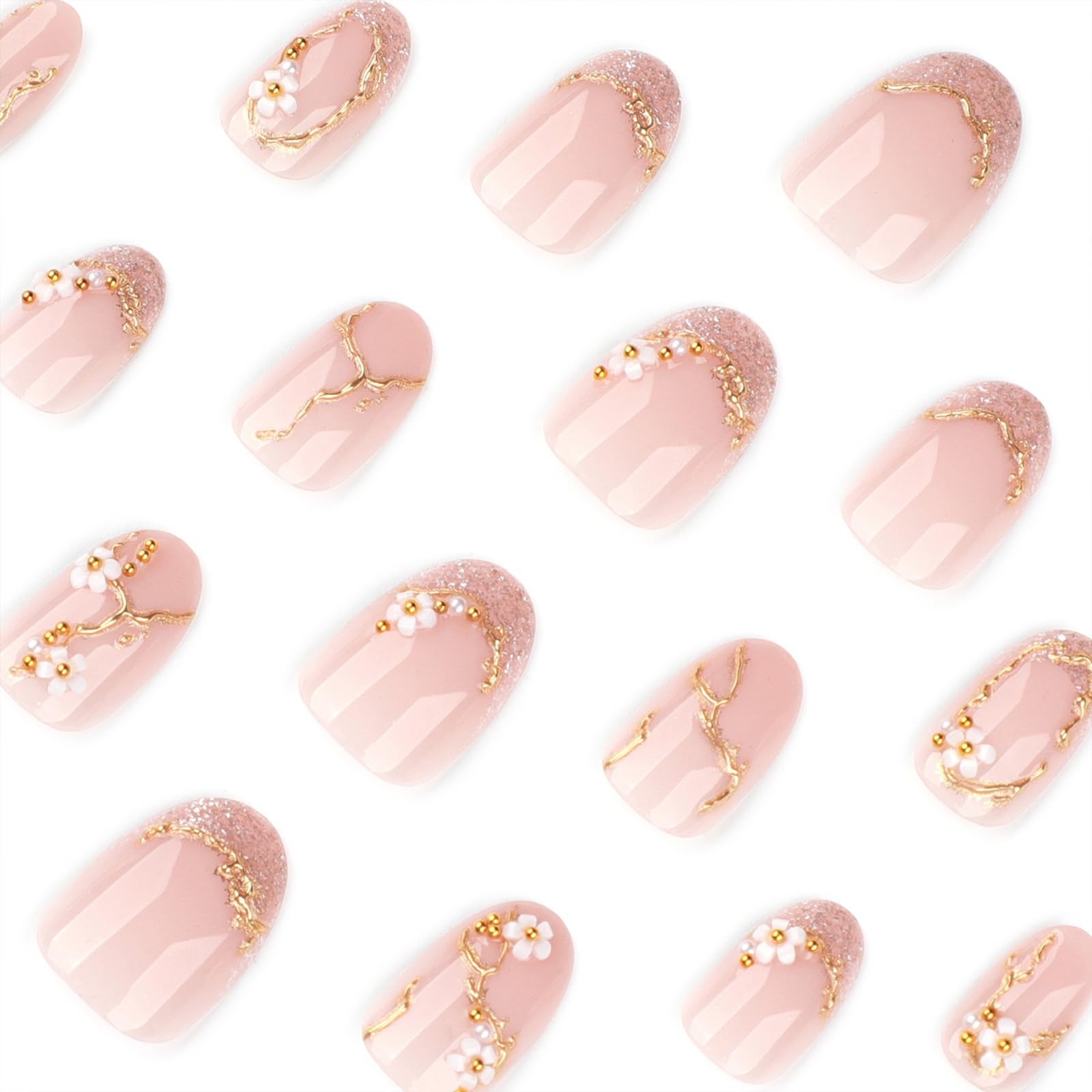 Jremg Glitter French Tip Press on Nails Short Round Fake Nails with Gold Bead…