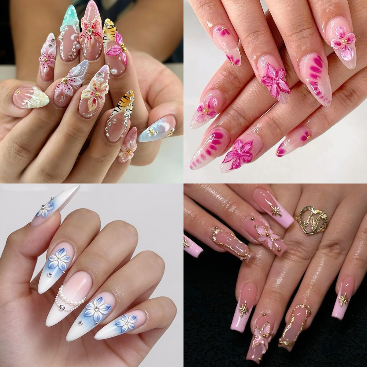 4 Sheets 5D Embossed Gradient Flowers Nail Stickers for Nail Art Design Summer F