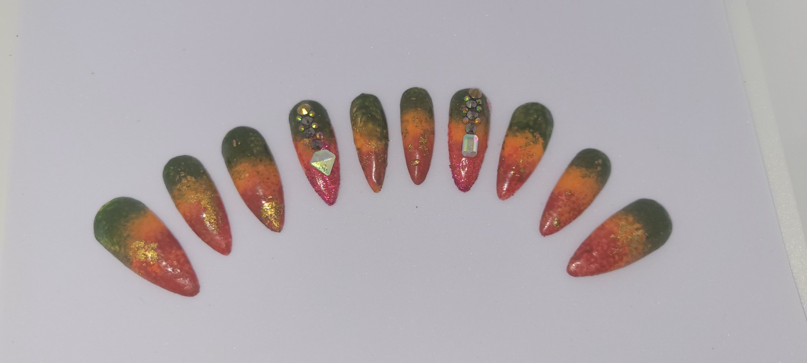 KFN ​Press On Nails| Rasta Ombre Almond Gel Glass Finish Gold Swarovski Design