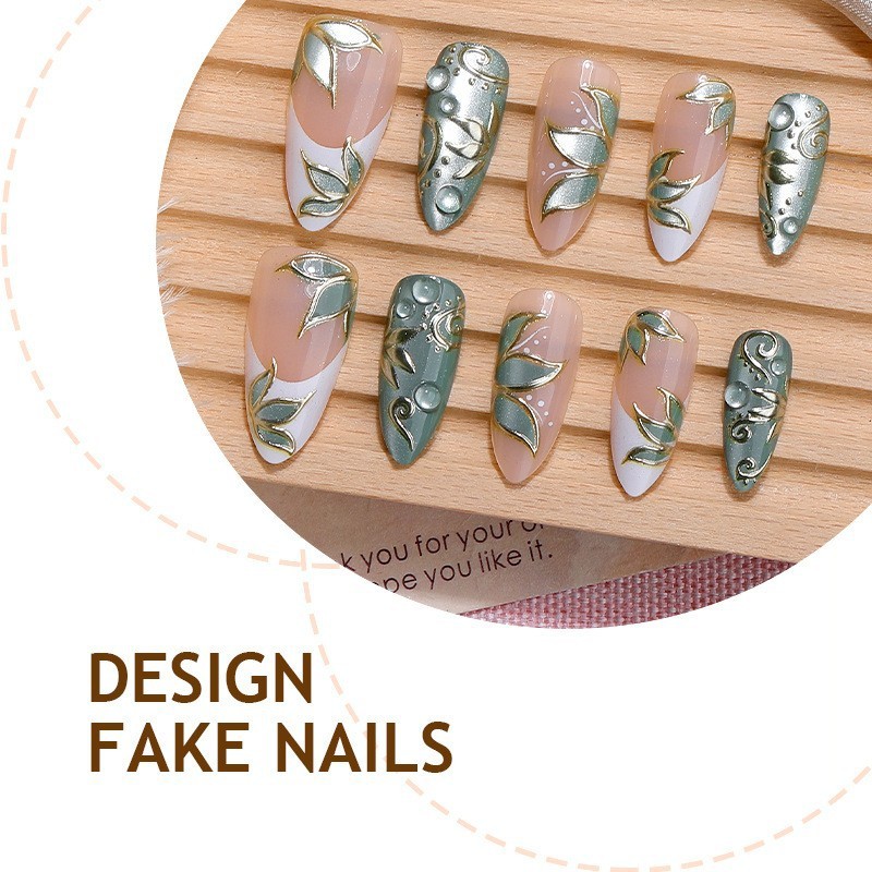 60Pcs Gold Leaf Pearl Press on Nails,Medium Almond Green Nude Elegant Fake Nails