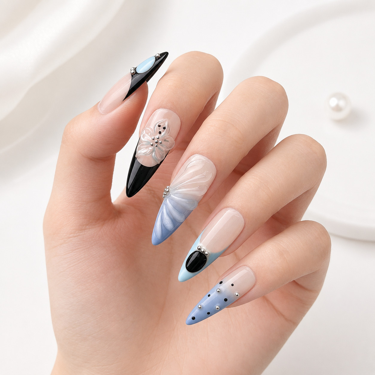 Long Stiletto Press On Nails Blue Black French Tip Butterfly Rhinestone Nail Set