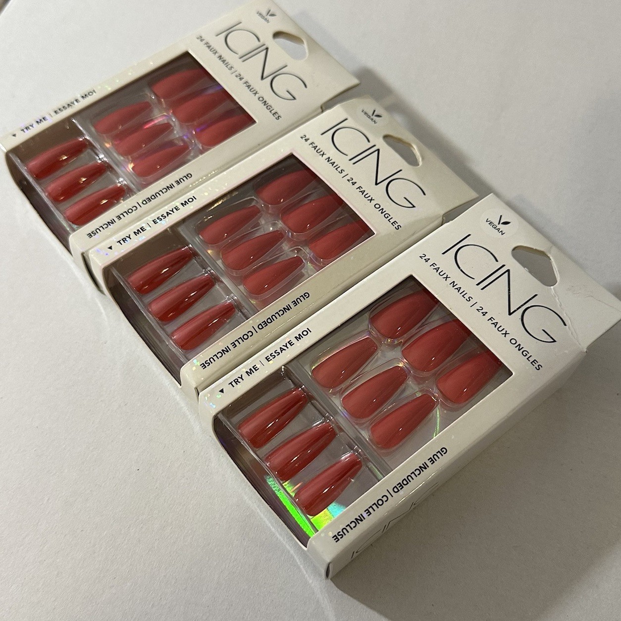 Lot of 3 Packages Icing Faux Nails Press Ons w/ Glue Solid Red Long