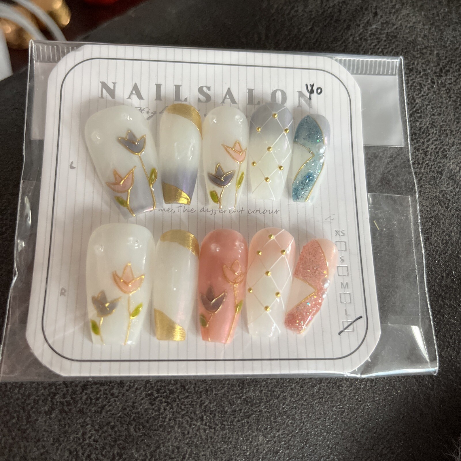 10pcs Pearlescent Ballet Nails W/Glitter Moon Design-Long, Handmade, Size L
