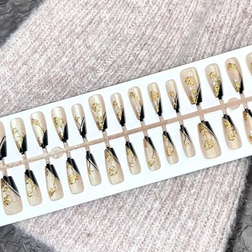 Press on Nails Square Fake Nails Gold Rose Flowers Acrylic Nails Medium Style 9