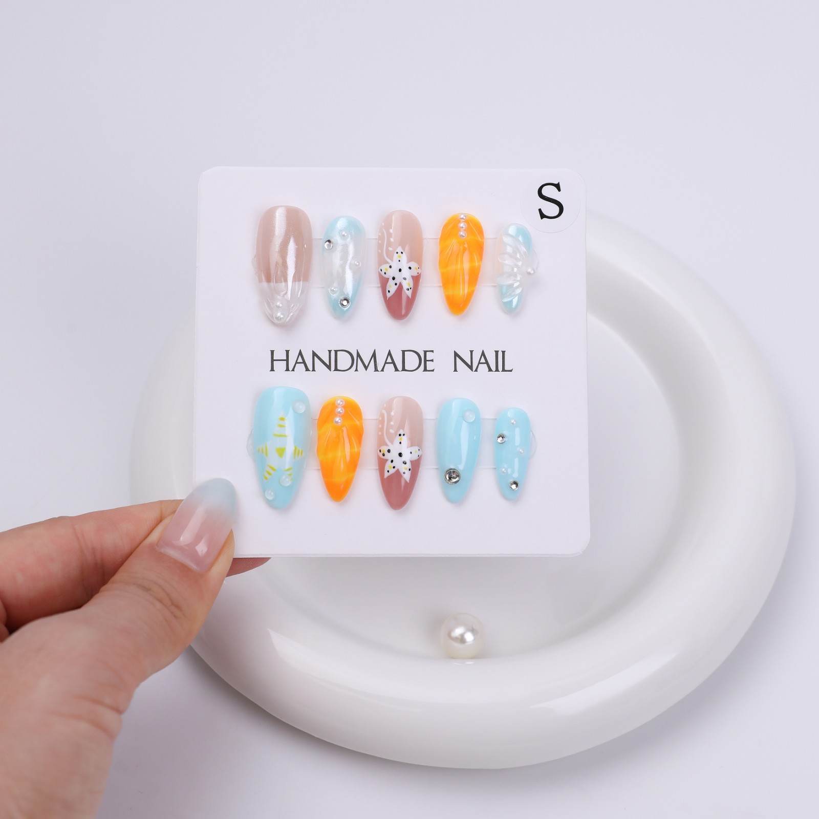 Press On Nails Medium Almond Blue Orange 3D Floral Pearl Summer Beach Nail Set