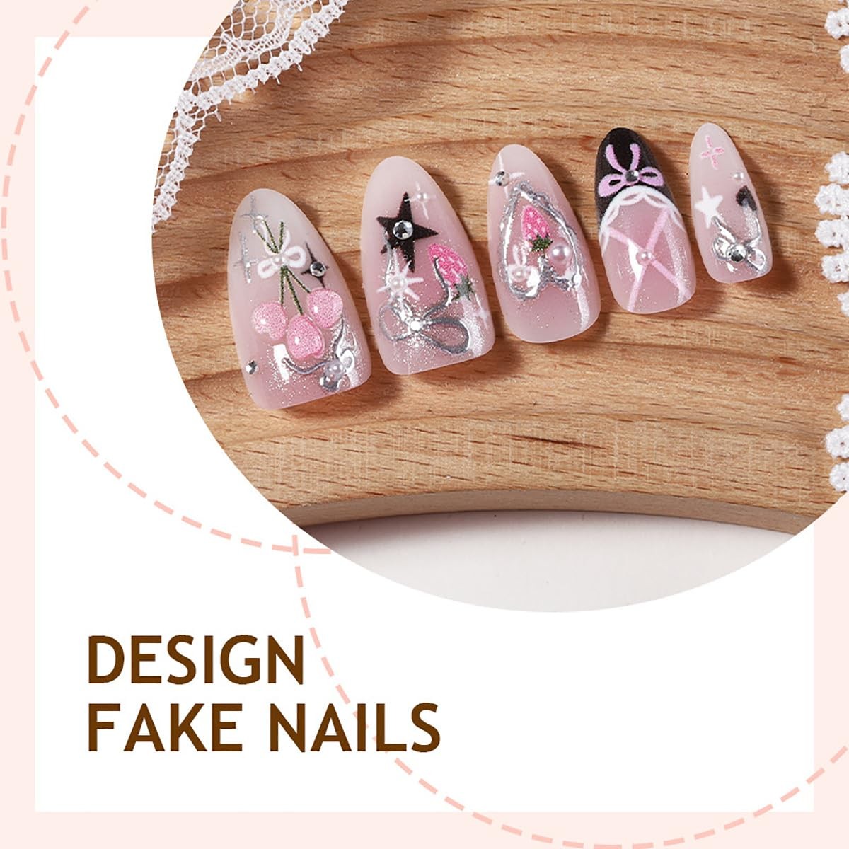 30Pcs Valentines Day Press on Nails Medium Almond Heart Fake Nails 3D Floral …
