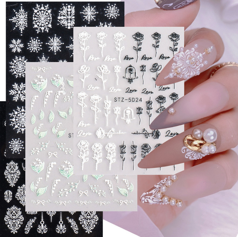 Bridal White 5D Embossed Rose Flowers Butterfly Nail Stickers Adhesive Manicure