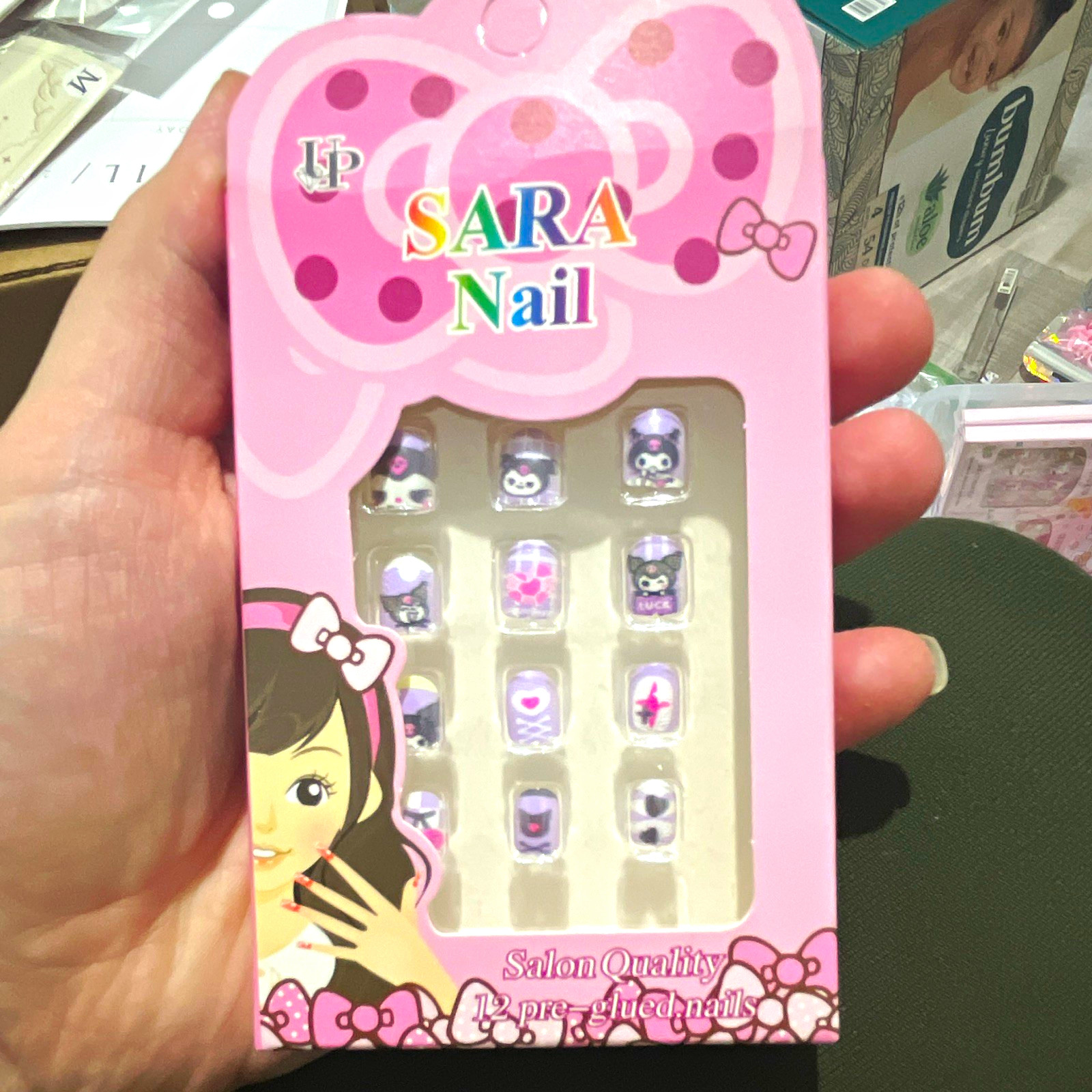 SARA kids Press-On Nails Pre-Glued Cartoon 3D Short Square ABS Purple/Pink/White