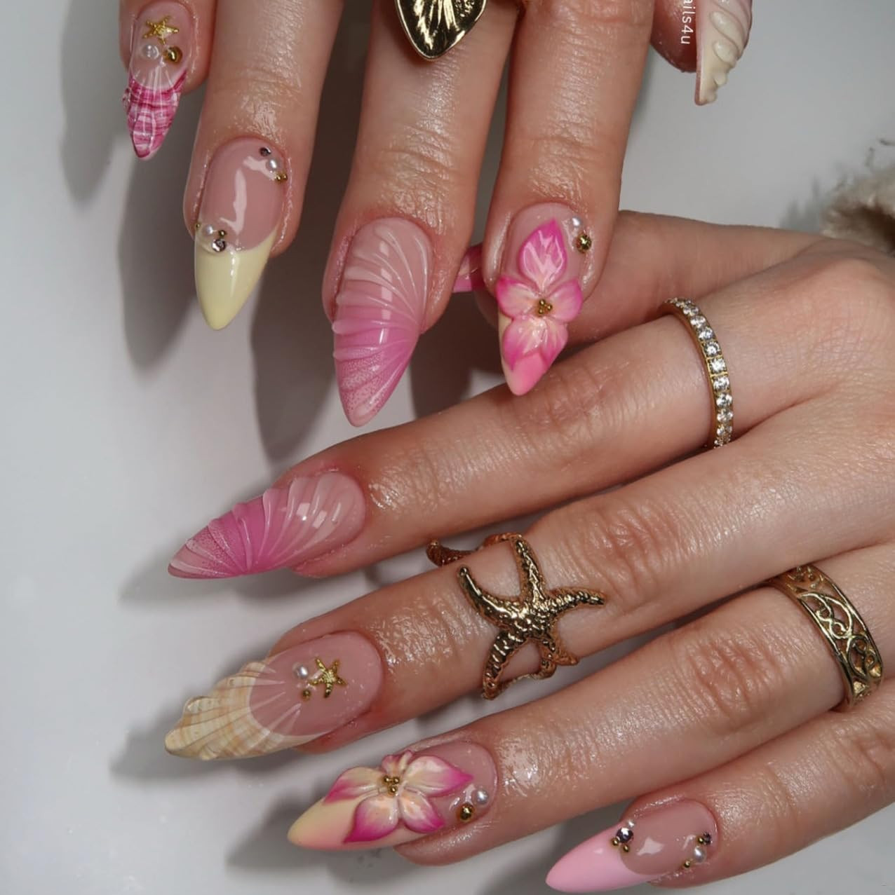 3D Flower Press on Nails Almond Summer Spring Pink Nails Press on French Fake Na