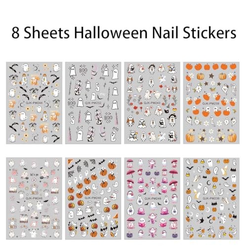 8 Sheets Halloween Nail Stickers Decals Cute Ghost Bat Spider Web Halloween 07