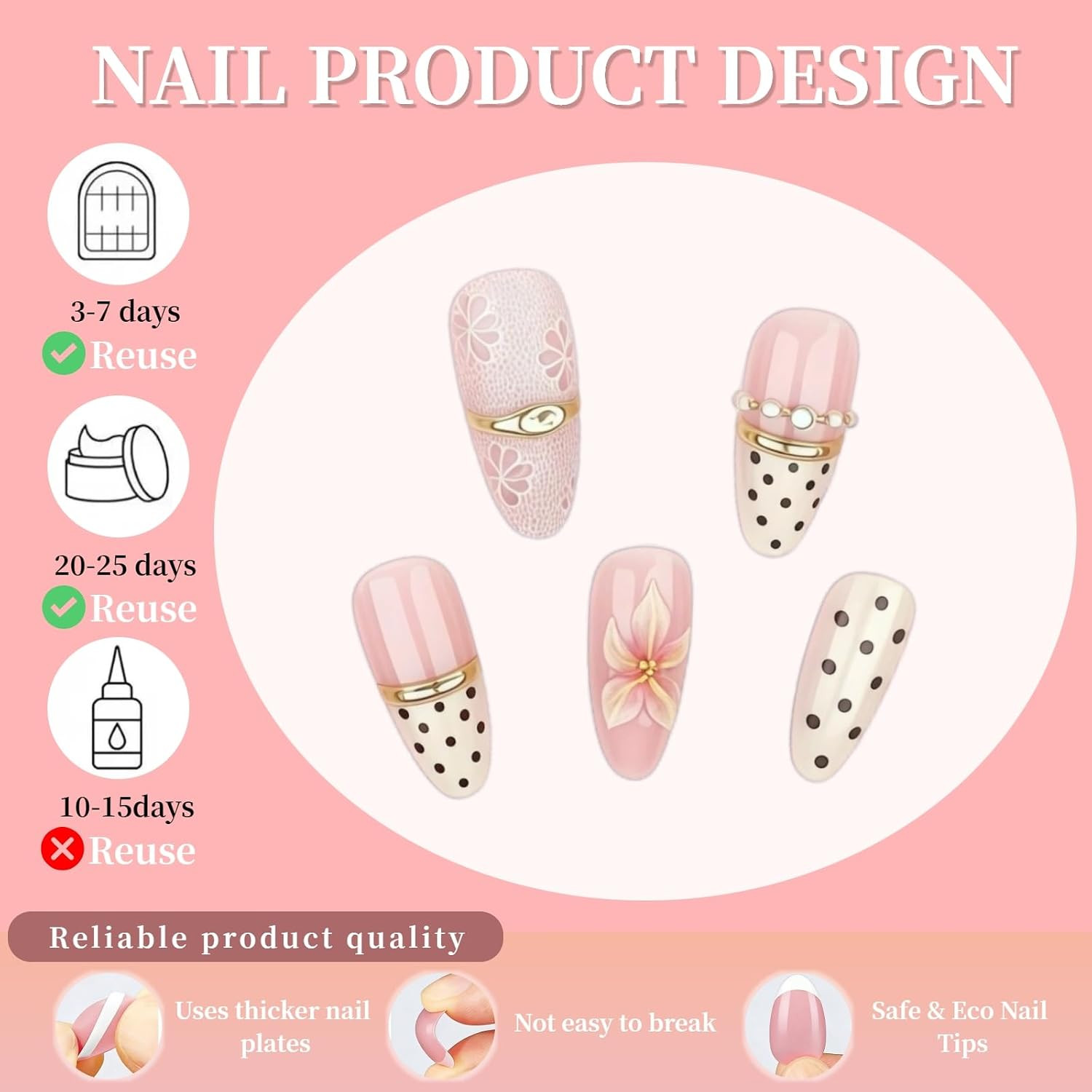 24Pcs 3D Flower Press on Nails Almond Polka Dot French Tip Fake Nails with Flora