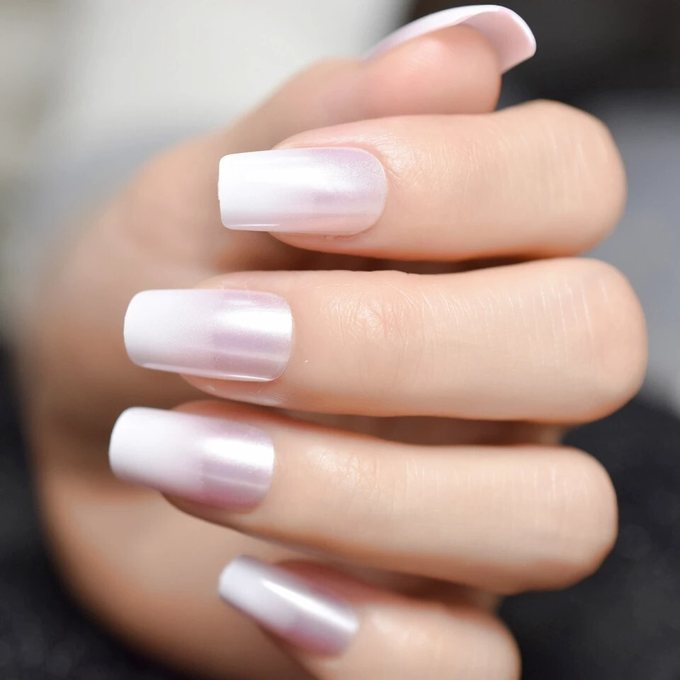 24 Medium Press on Nails kit glue on square pearl french ombre pink white