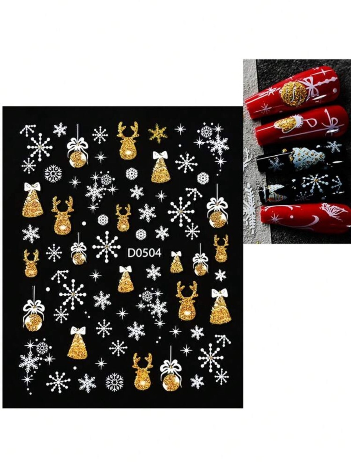 Christmas Nail Art Stickers Decals 3D Glittery Gold White Snowflake Bauble D0504