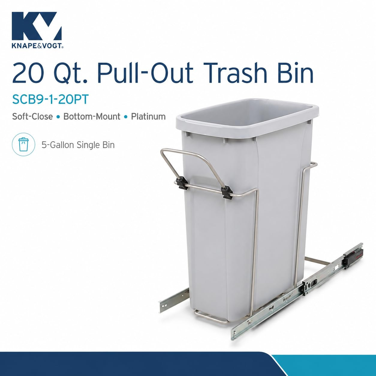 Soft-Close Pull-Out Trash Can for Cabinets, 20 Qt (5 Gallon) Bottom Mount Single